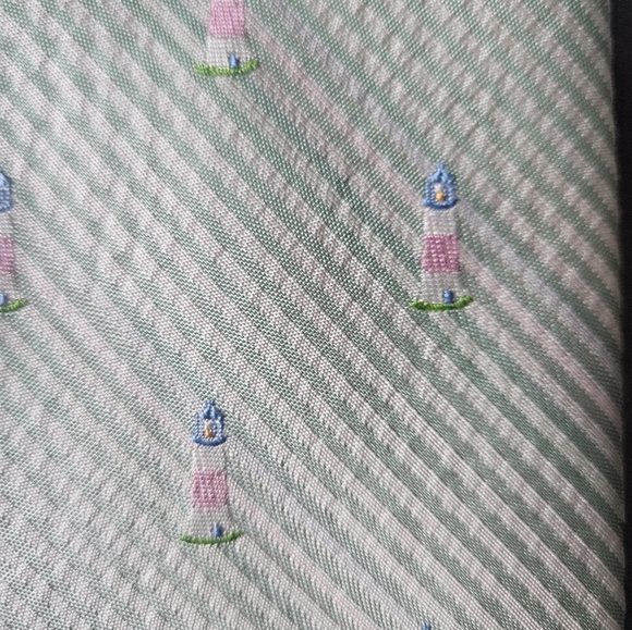 NWOT ROOSTER Seersucker Lighthouse Pastel Striped 100% Silk Tie - Picture 2 of 10